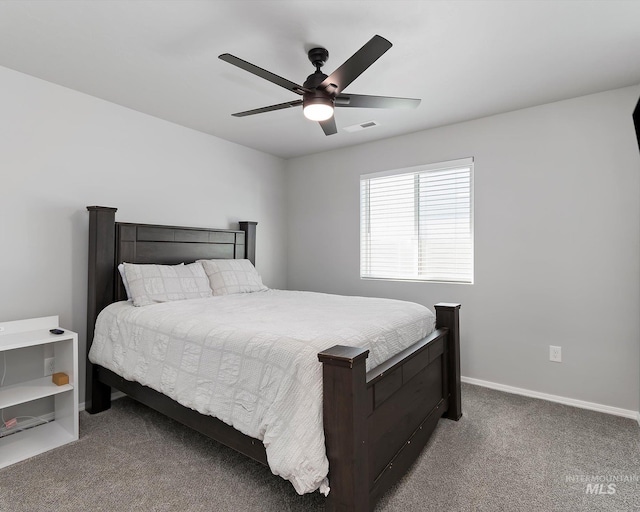 bedroom with a ceiling fan, carpet, visible vents, and baseboards