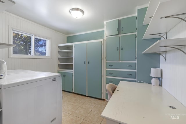564 Blue Lakes Blvd, Twin Falls, ID 83301 - laundry room with washer / dryer, cabinet space, light tile patterned flooring, and crown molding