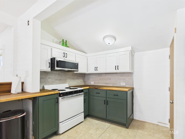 kitchen with wood counters, stainless steel microwave, white range with electric stovetop, and green cabinets