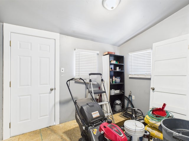 workout area with a healthy amount of sunlight and lofted ceiling