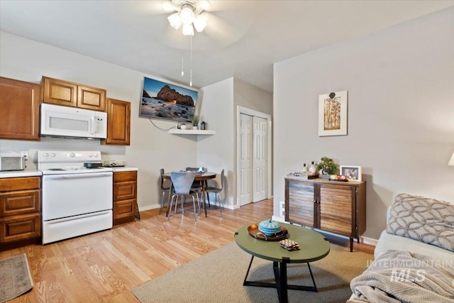 9740 W Shields Ave, Boise, ID 83714 - living room with ceiling fan, light wood finished floors, and baseboards