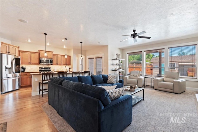 9740 W Shields Ave, Boise, ID 83714 - living area featuring a textured ceiling, a ceiling fan, and light wood-type flooring