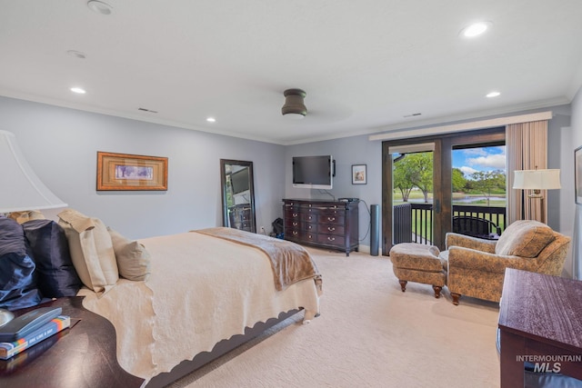 4400 W Pasadena Dr Unit 38, Boise, ID 83705 - carpeted bedroom featuring access to outside, ornamental molding, recessed lighting, and a ceiling fan