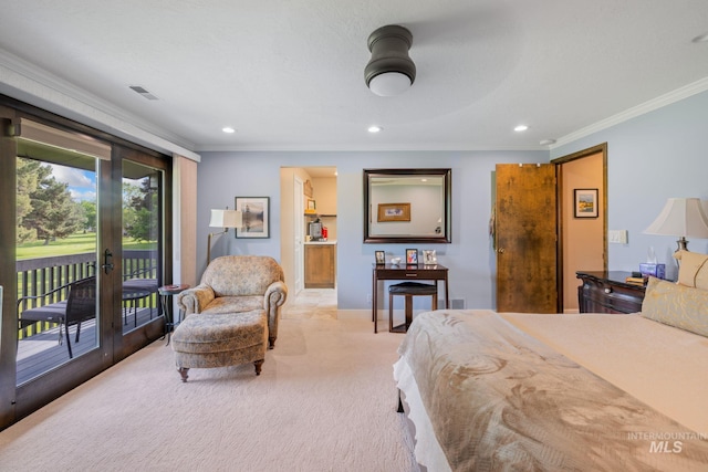 4400 W Pasadena Dr Unit 38, Boise, ID 83705 - bedroom featuring access to exterior, light colored carpet, ornamental molding, recessed lighting, and french doors