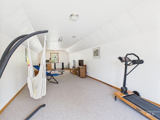 9 Pond Overlook, Idaho City, ID 83631 - exercise room with lofted ceiling, baseboards, visible vents, and carpet floors