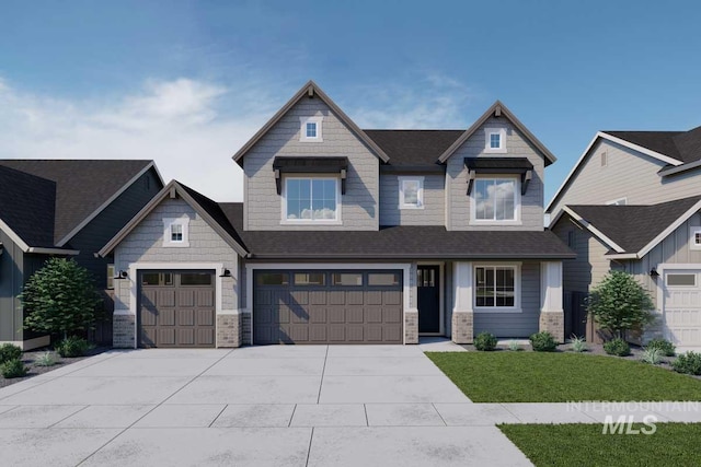 craftsman-style home with driveway, a garage, and roof with shingles