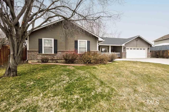 single story home with an attached garage, driveway, fence, and a front lawn