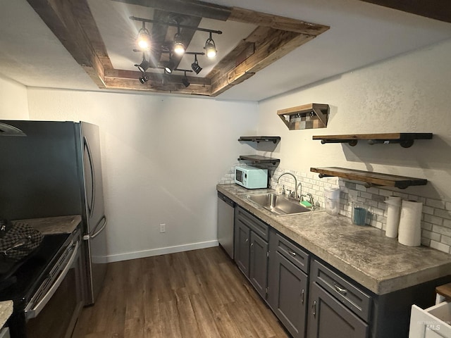1640 N Davis Ave Unit 3, Mccall, ID 83646 - kitchen featuring a sink, stainless steel appliances, backsplash, open shelves, and dark wood-type flooring