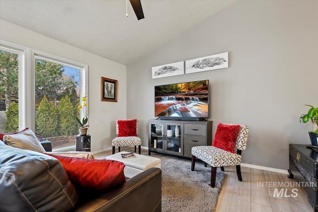 living room with a textured ceiling, wood finished floors, baseboards, and vaulted ceiling