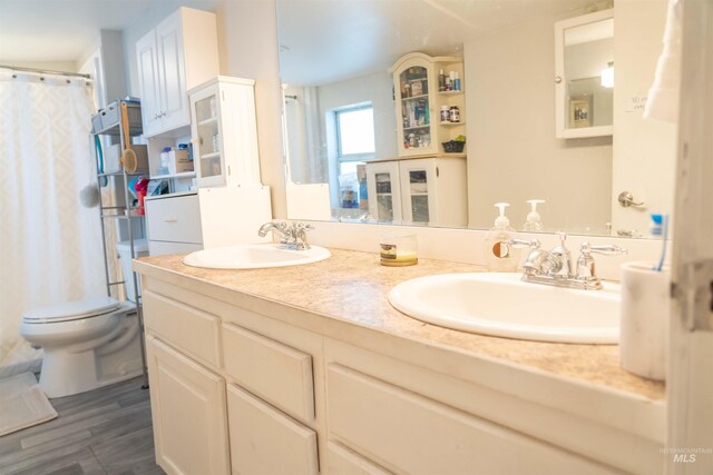 224 S Fern St, Nampa, ID 83686 - bathroom featuring toilet, double vanity, wood finished floors, and a shower with curtain