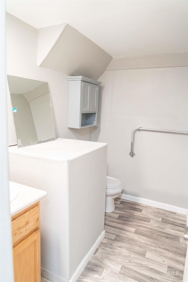 224 S Fern St, Nampa, ID 83686 - bathroom featuring vanity, toilet, wood finished floors, baseboards, and lofted ceiling