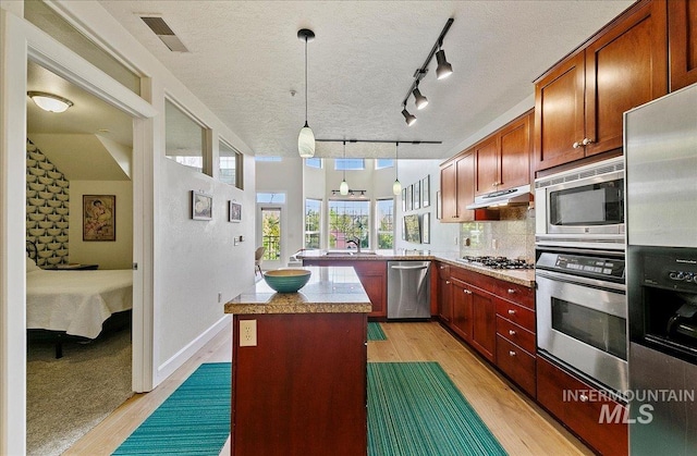 kitchen with visible vents, light wood-style floors, a textured ceiling, under cabinet range hood, and appliances with stainless steel finishes