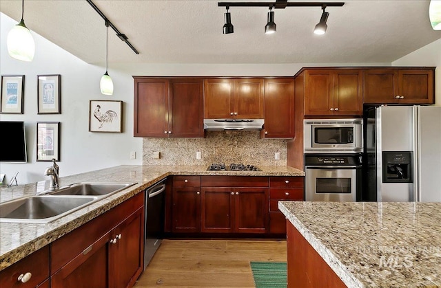 kitchen with appliances with stainless steel finishes, a sink, light wood finished floors, tasteful backsplash, and under cabinet range hood