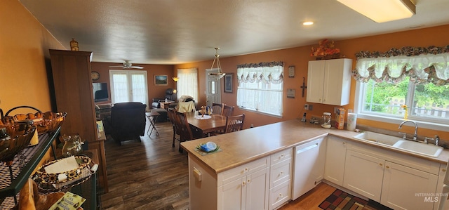 817 6th St, Kamiah, ID 83536 - kitchen featuring a sink, white dishwasher, dark wood-style floors, open floor plan, and white cabinetry