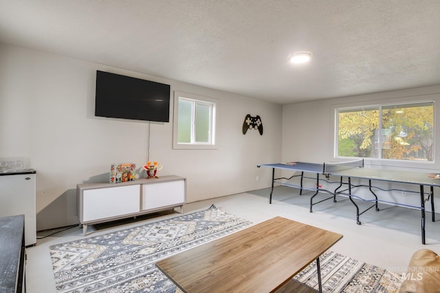 recreation room with a textured ceiling