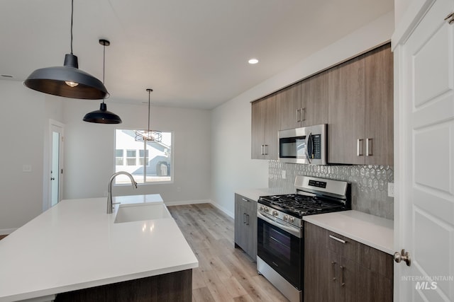 kitchen with sink, decorative light fixtures, a kitchen island with sink, decorative backsplash, and stainless steel appliances