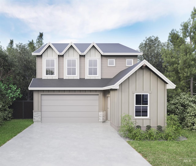 view of front facade with stone siding, board and batten siding, and driveway