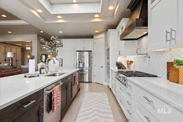 4772 W Barnview Dr, Boise, ID 83614 - kitchen with appliances with stainless steel finishes, a sink, custom exhaust hood, a tray ceiling, and recessed lighting