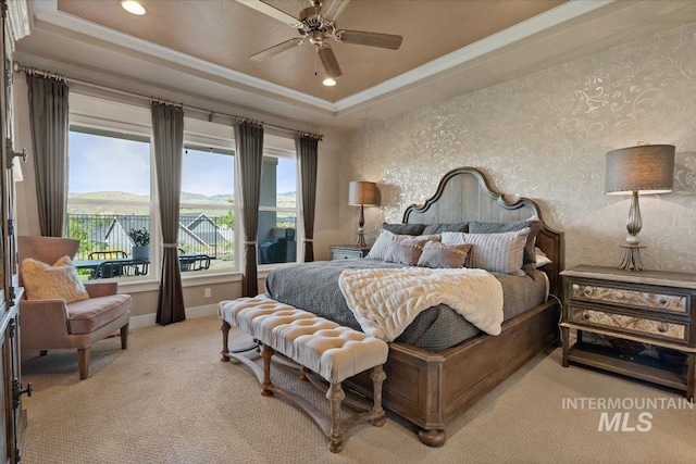 4772 W Barnview Dr, Boise, ID 83614 - bedroom featuring carpet floors, a tray ceiling, baseboards, recessed lighting, and wallpapered walls