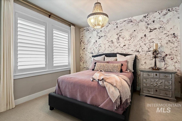 4772 W Barnview Dr, Boise, ID 83614 - carpeted bedroom featuring a chandelier, wallpapered walls, and baseboards