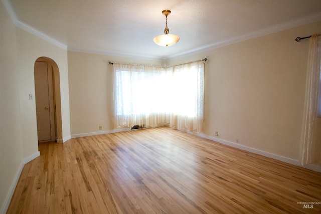 spare room featuring light wood-type flooring and ornamental molding