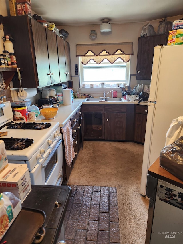 4942 E Baumgartner Rd, Featherville, ID 83647 - kitchen with white appliances, light countertops, dark brown cabinetry, a sink, and light carpet