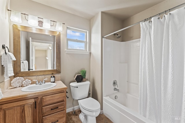 bathroom with toilet, shower / tub combo, and vanity