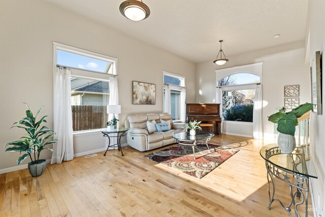 living area with wood-type flooring and baseboards