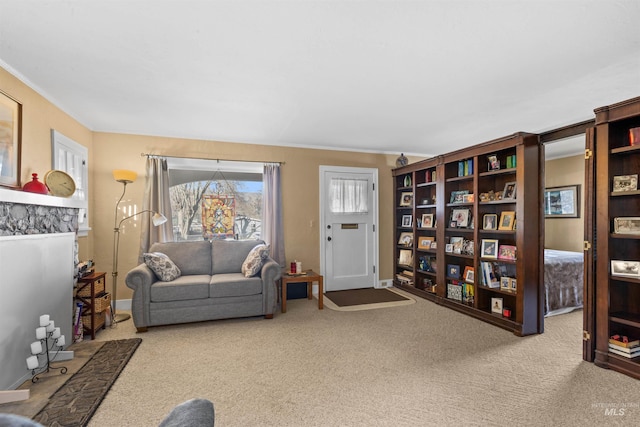 living area with carpet and crown molding