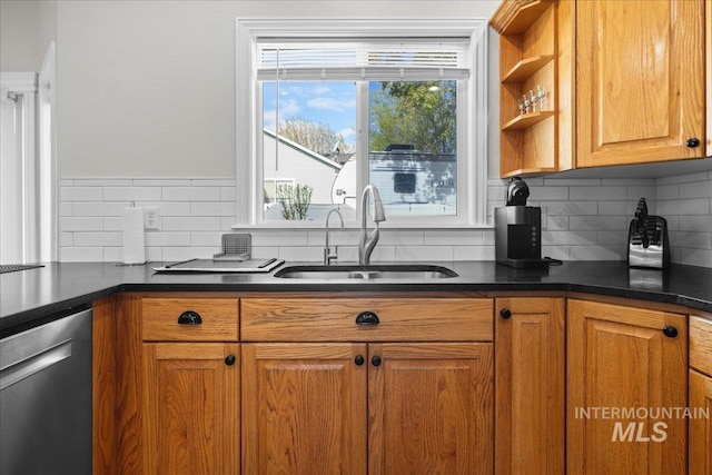 605 W Highland Ave, Nampa, ID 83686 - kitchen featuring stainless steel dishwasher, brown cabinetry, open shelves, tasteful backsplash, and a sink