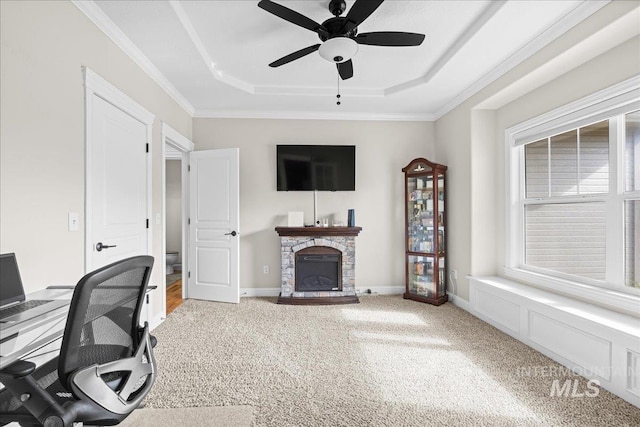 605 W Highland Ave, Nampa, ID 83686 - office space with a fireplace, a raised ceiling, light carpet, and a ceiling fan