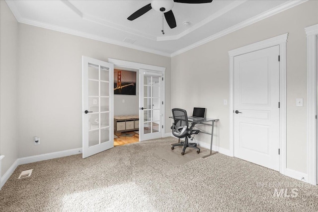 605 W Highland Ave, Nampa, ID 83686 - carpeted office featuring visible vents, ornamental molding, a tray ceiling, french doors, and a ceiling fan