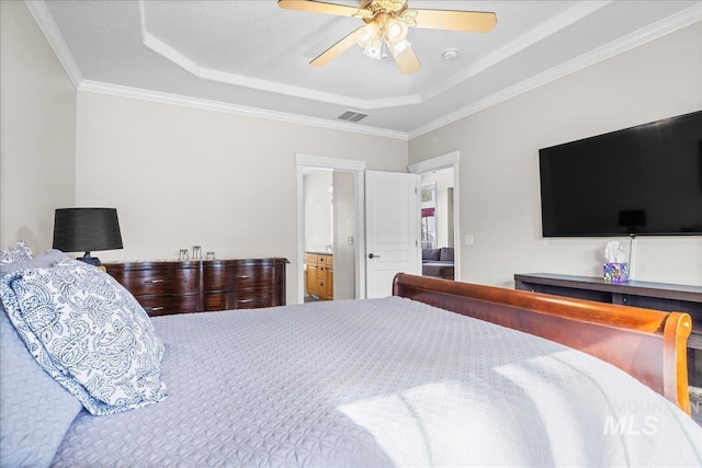 605 W Highland Ave, Nampa, ID 83686 - bedroom featuring visible vents, a ceiling fan, a raised ceiling, and crown molding