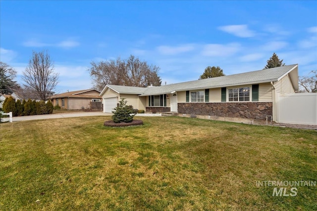 ranch-style home featuring a garage, driveway, stone siding, fence, and a front lawn