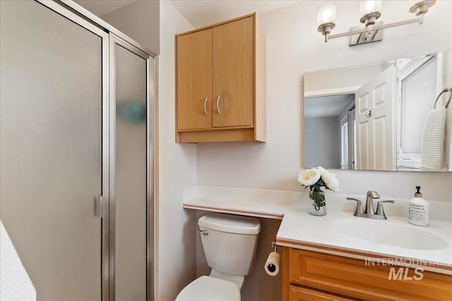 bathroom featuring toilet, a shower stall, and vanity