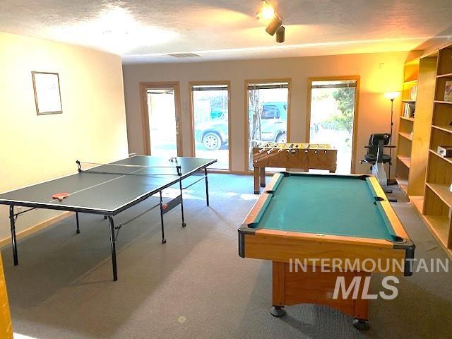 rec room featuring carpet flooring, healthy amount of natural light, and billiards