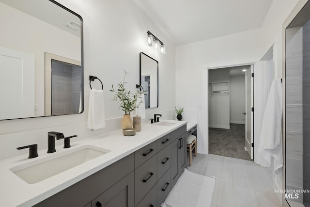 full bathroom featuring a walk in closet, a sink, and double vanity