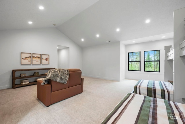 1010 Elo Rd, Mccall, ID 83638 - living room featuring recessed lighting, light colored carpet, and vaulted ceiling