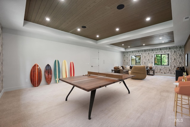 1010 Elo Rd, Mccall, ID 83638 - recreation room featuring wood ceiling, carpet flooring, a raised ceiling, recessed lighting, and wallpapered walls