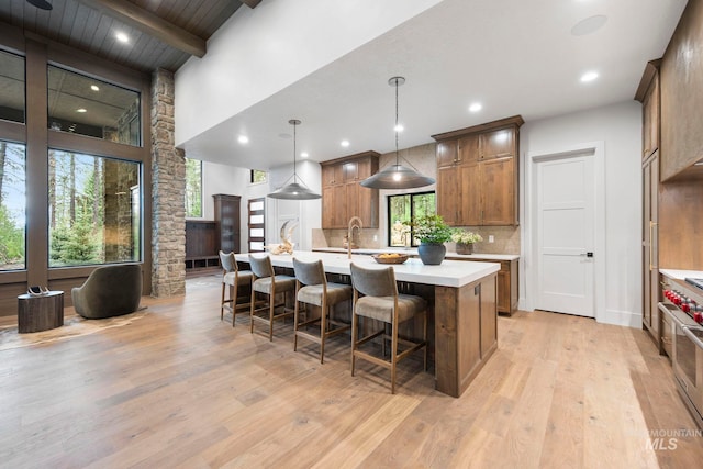 1010 Elo Rd, Mccall, ID 83638 - kitchen featuring light countertops, double oven range, a spacious island, tasteful backsplash, and light wood-style flooring