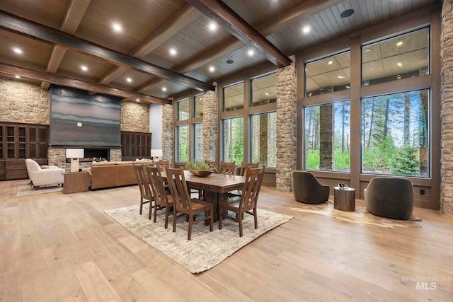 1010 Elo Rd, Mccall, ID 83638 - dining room with a wood ceiling with exposed beams, healthy amount of natural light, wood finished floors, a fireplace, and recessed lighting