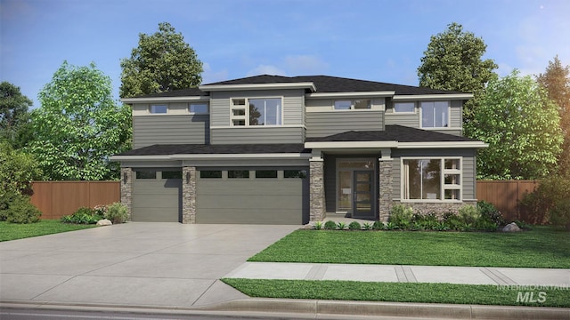 6829 N Valley Breeze Ave, Meridian, ID 83646 - prairie-style house with concrete driveway, a garage, and stone siding