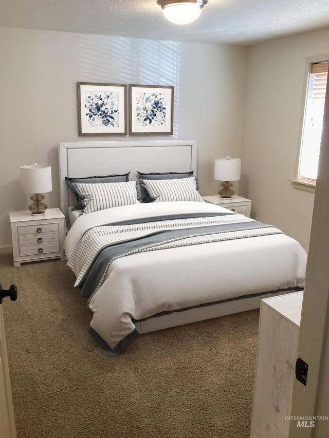 bedroom featuring carpet flooring and a textured ceiling