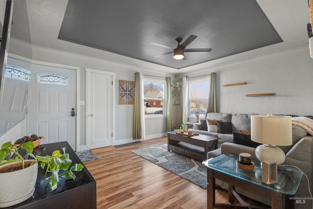 living room featuring a raised ceiling, ceiling fan, and light wood-type flooring