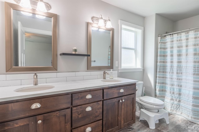 full bath featuring a sink, tasteful backsplash, toilet, and double vanity