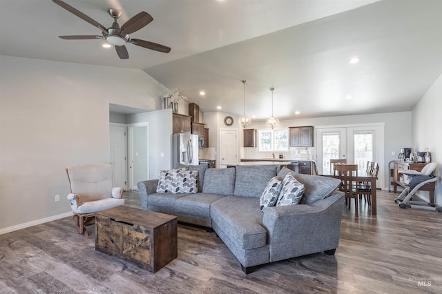 living area featuring recessed lighting, a ceiling fan, dark wood-style floors, and lofted ceiling