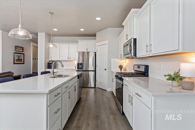 300 S Adventure Way, Kuna, ID 83634 - kitchen featuring appliances with stainless steel finishes, a sink, white cabinets, wood finished floors, and decorative backsplash