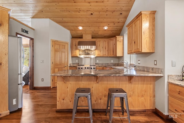 16 Meadow Ln, Boise, ID 83716 - kitchen featuring freestanding refrigerator, dark wood-style floors, a peninsula, lofted ceiling, and wood ceiling