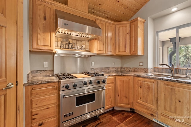 16 Meadow Ln, Boise, ID 83716 - kitchen featuring premium range, exhaust hood, stone countertops, dark wood finished floors, and wood ceiling