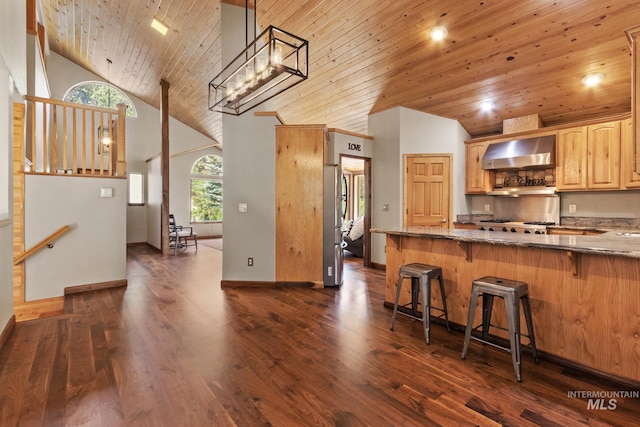 16 Meadow Ln, Boise, ID 83716 - kitchen featuring wall chimney exhaust hood, wood ceiling, dark stone counters, a kitchen bar, and dark wood-type flooring